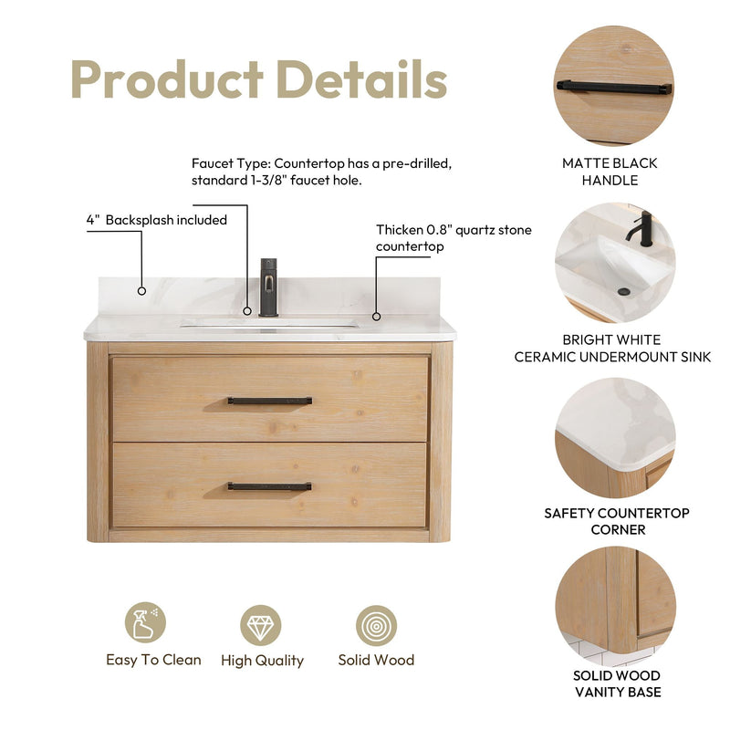 Vinnova 706636-FN-BK Cristo 36" Floating Single Bath Vanity in Fir Wood Brown with Fish Maw White Quartz Stone Top