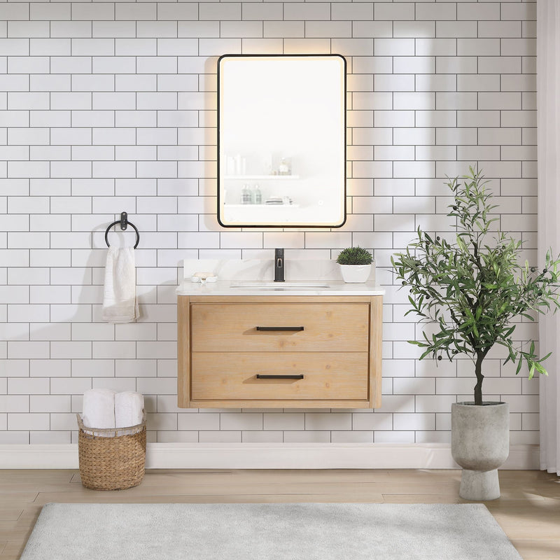 Vinnova 706636-FN-BK Cristo 36" Floating Single Bath Vanity in Fir Wood Brown with Fish Maw White Quartz Stone Top