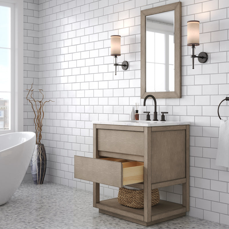 Water Creation OA30CW - Oakman 30 In. Single Sink Pre-Assembled Mid-Century Style Bathroom Vanity With 1" Carrara White Marble Top