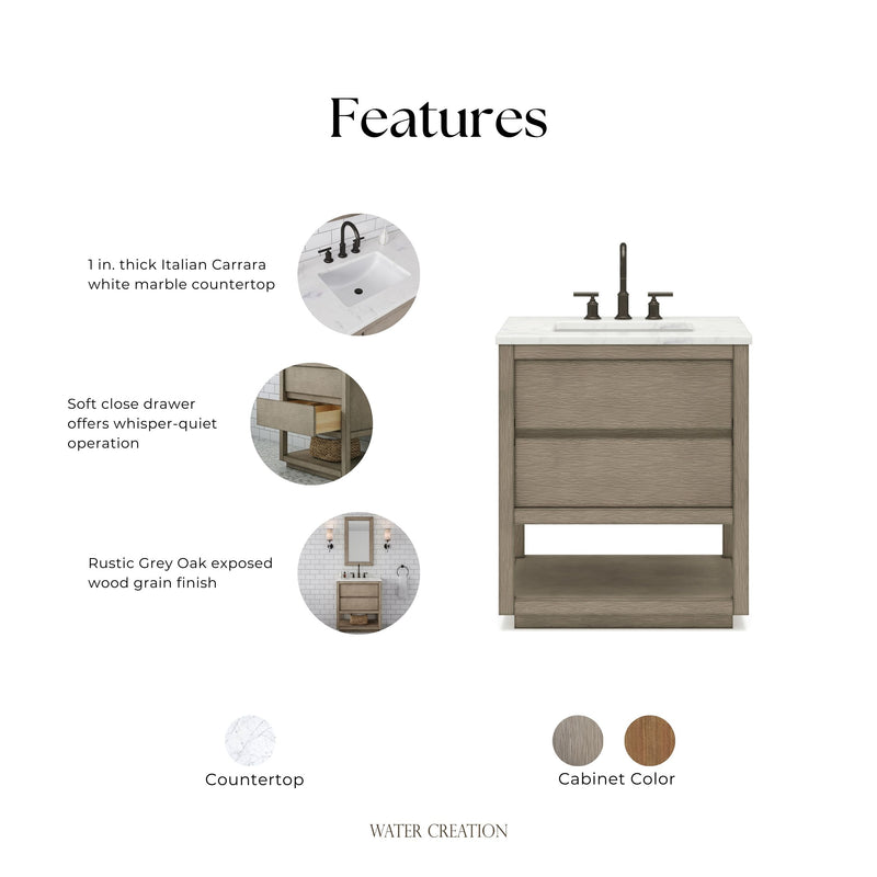 Water Creation OA30CW - Oakman 30 In. Single Sink Pre-Assembled Mid-Century Style Bathroom Vanity With 1" Carrara White Marble Top