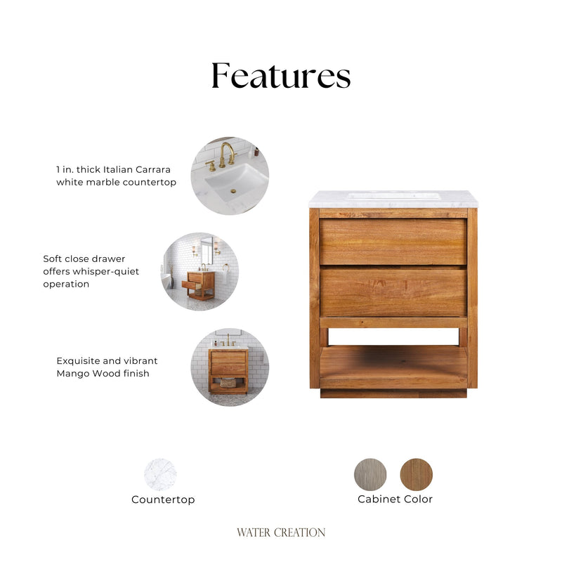 Water Creation OA30CW - Oakman 30 In. Single Sink Pre-Assembled Mid-Century Style Bathroom Vanity With 1" Carrara White Marble Top