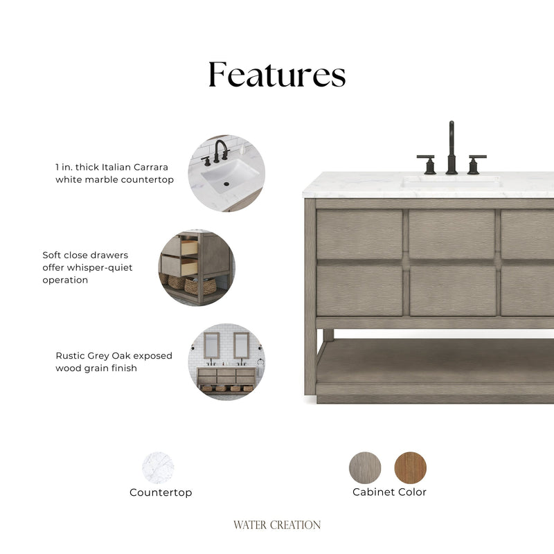 Water Creation OA48CW - Oakman 48 In. Single Sink Pre-Assembled Mid-Century Style Bathroom Vanity With 1" Carrara White Marble Top