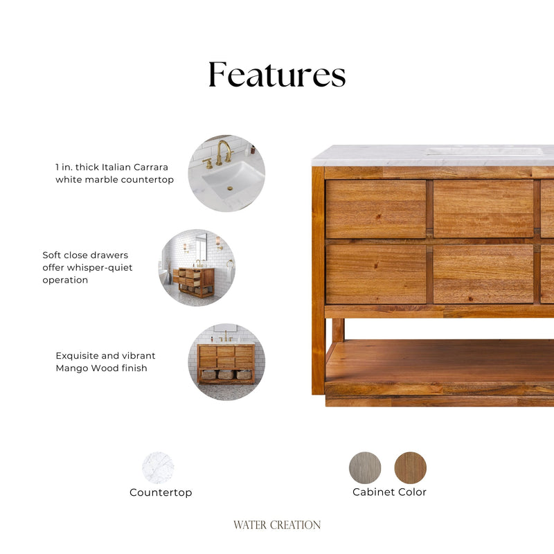 Water Creation OA48CW - Oakman 48 In. Single Sink Pre-Assembled Mid-Century Style Bathroom Vanity With 1" Carrara White Marble Top