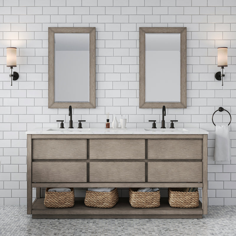 Water Creation OA72CW - Oakman 72 In. Double Sink Pre-Assembled Mid-Century Style Bathroom Vanity With 1" Carrara White Marble Top