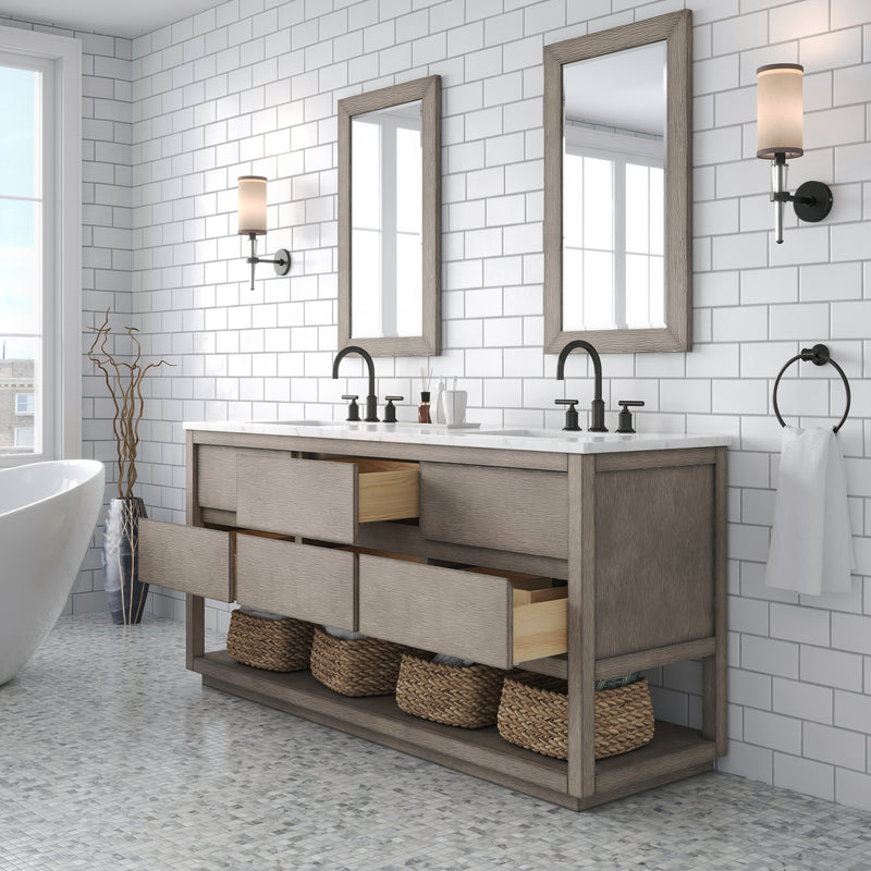 Water Creation OA72CW - Oakman 72 In. Double Sink Pre-Assembled Mid-Century Style Bathroom Vanity With 1" Carrara White Marble Top