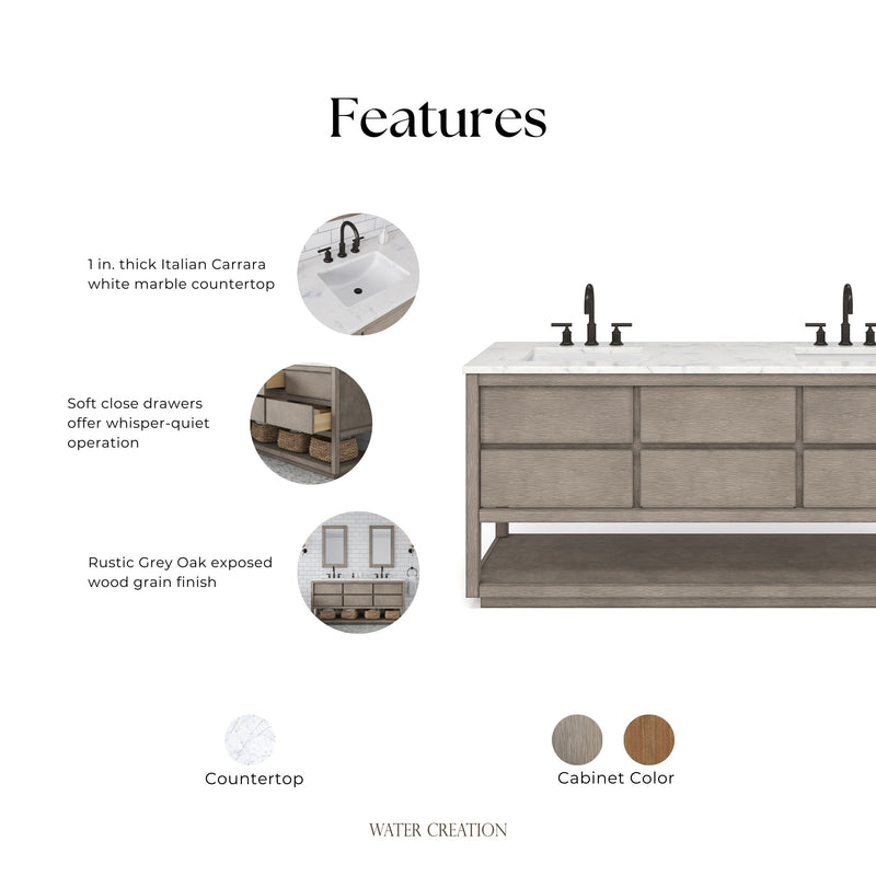 Water Creation OA72CW - Oakman 72 In. Double Sink Pre-Assembled Mid-Century Style Bathroom Vanity With 1" Carrara White Marble Top