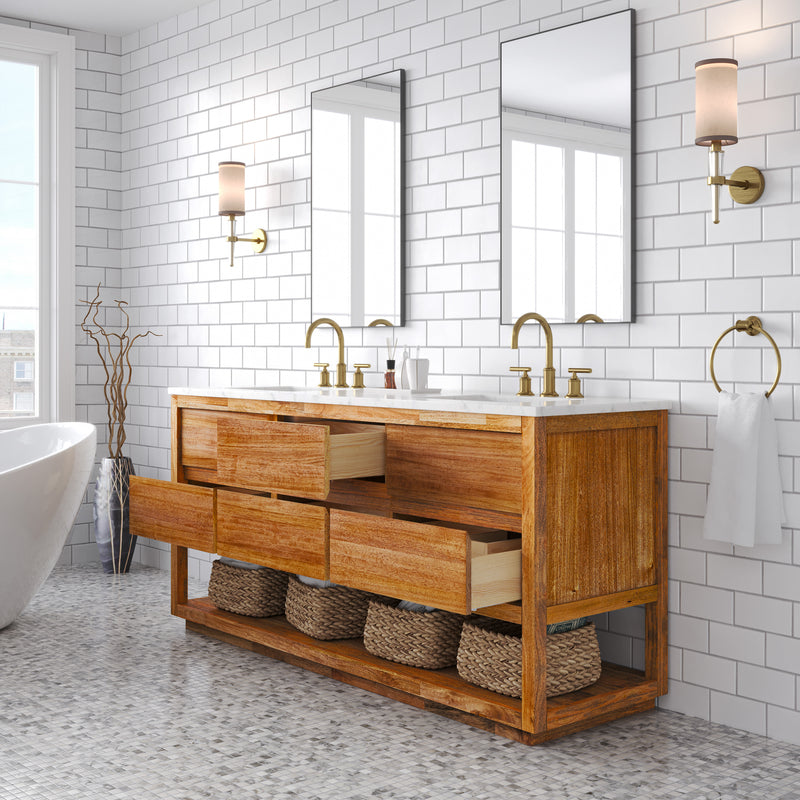 Water Creation OA72CW - Oakman 72 In. Double Sink Pre-Assembled Mid-Century Style Bathroom Vanity With 1" Carrara White Marble Top