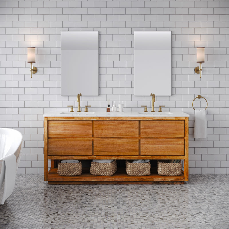 Water Creation OA72CW - Oakman 72 In. Double Sink Pre-Assembled Mid-Century Style Bathroom Vanity With 1" Carrara White Marble Top