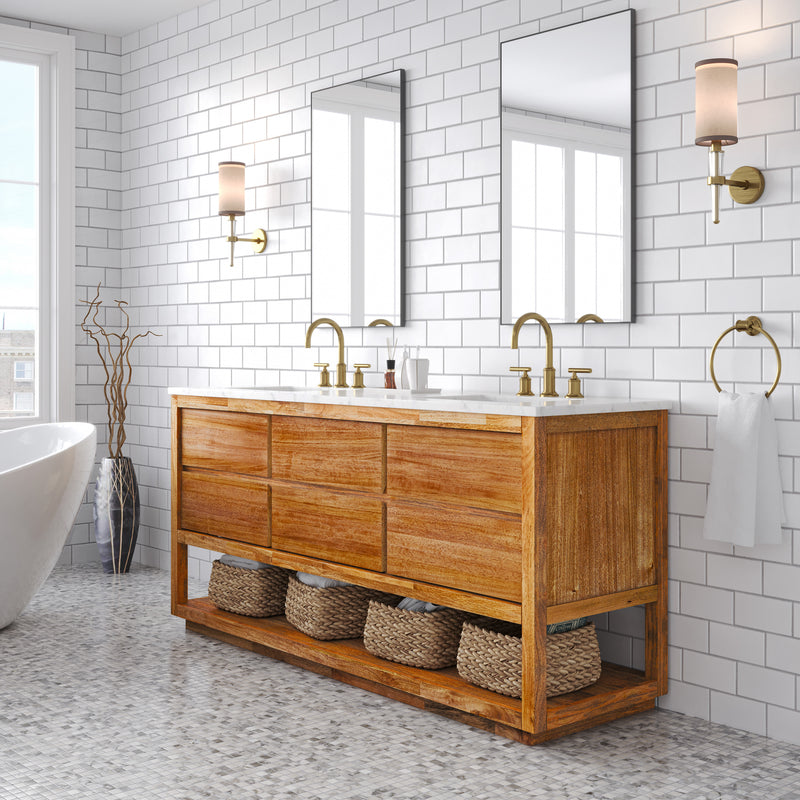 Water Creation OA72CW - Oakman 72 In. Double Sink Pre-Assembled Mid-Century Style Bathroom Vanity With 1" Carrara White Marble Top