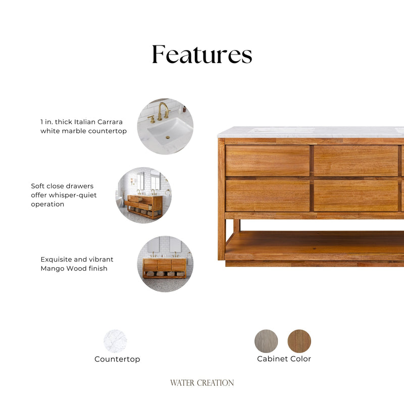 Water Creation OA72CW - Oakman 72 In. Double Sink Pre-Assembled Mid-Century Style Bathroom Vanity With 1" Carrara White Marble Top