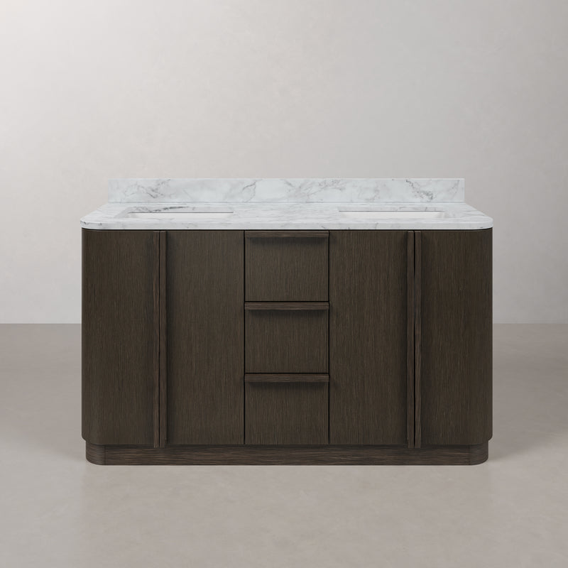 OX60CW00CO - Oxford 60 In. Double Sink Pre-Assembled Mid-Century Style Bathroom Vanity With 1" Carrara White Marble Countertop