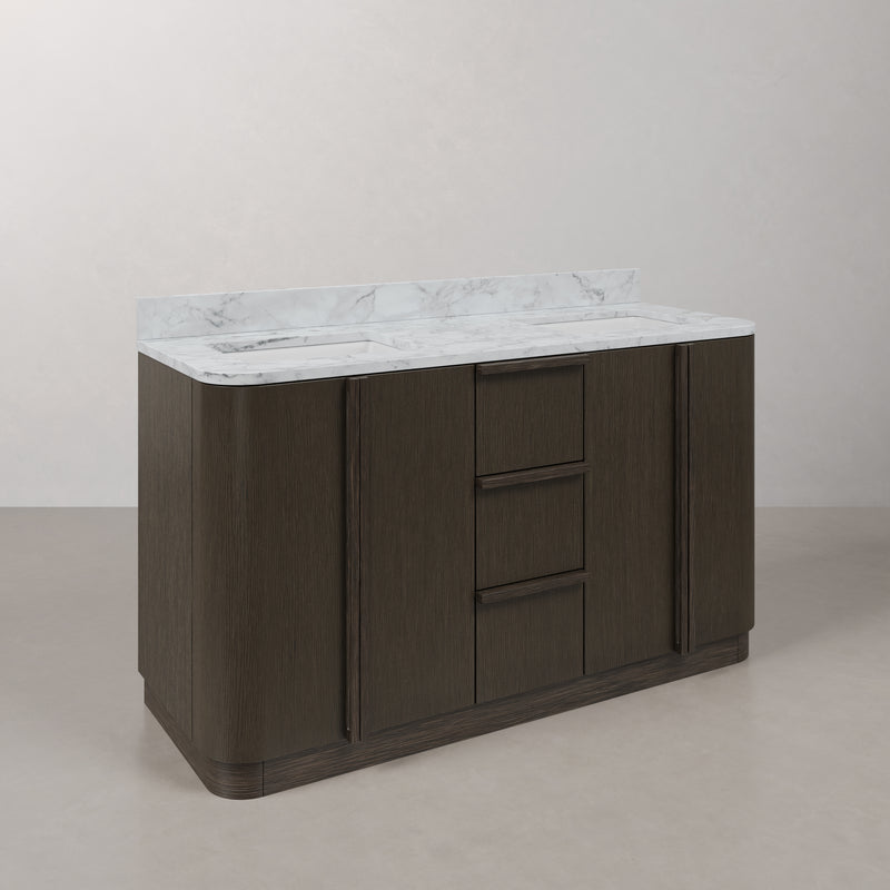 OX60CW00CO - Oxford 60 In. Double Sink Pre-Assembled Mid-Century Style Bathroom Vanity With 1" Carrara White Marble Countertop