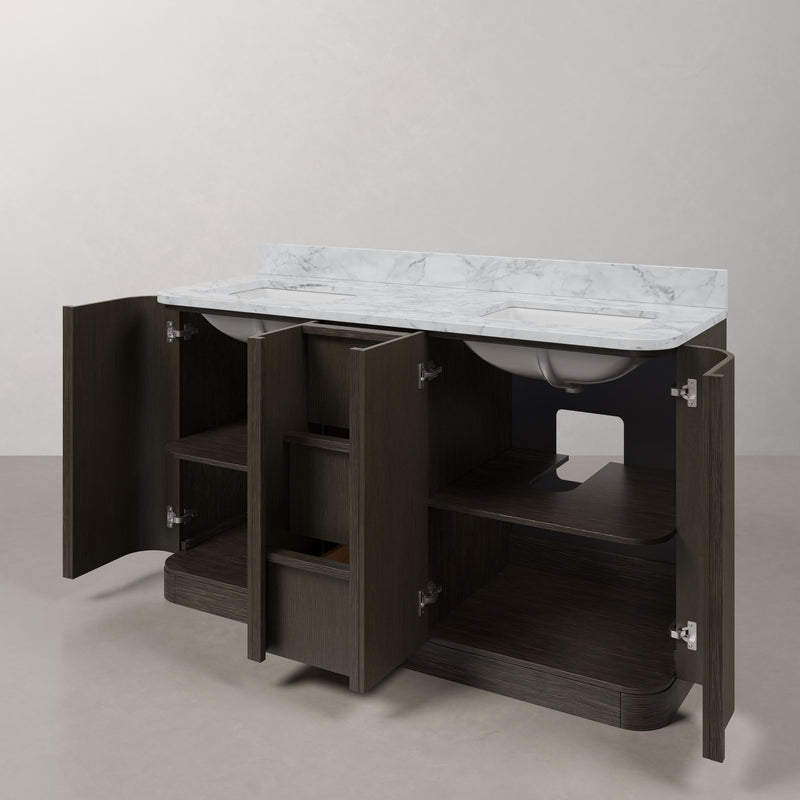 OX60CW00CO - Oxford 60 In. Double Sink Pre-Assembled Mid-Century Style Bathroom Vanity With 1" Carrara White Marble Countertop