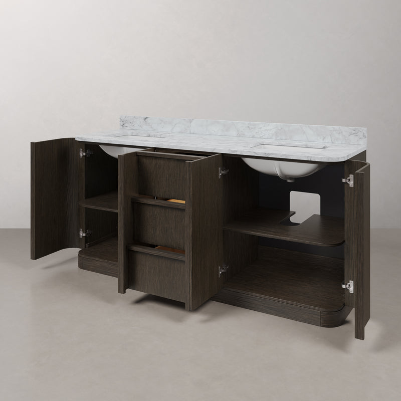 OX72CW00CO - Oxford 72 In. Double Sink Pre-Assembled Mid-Century Style Bathroom Vanity With 1" Carrara White Marble Countertop