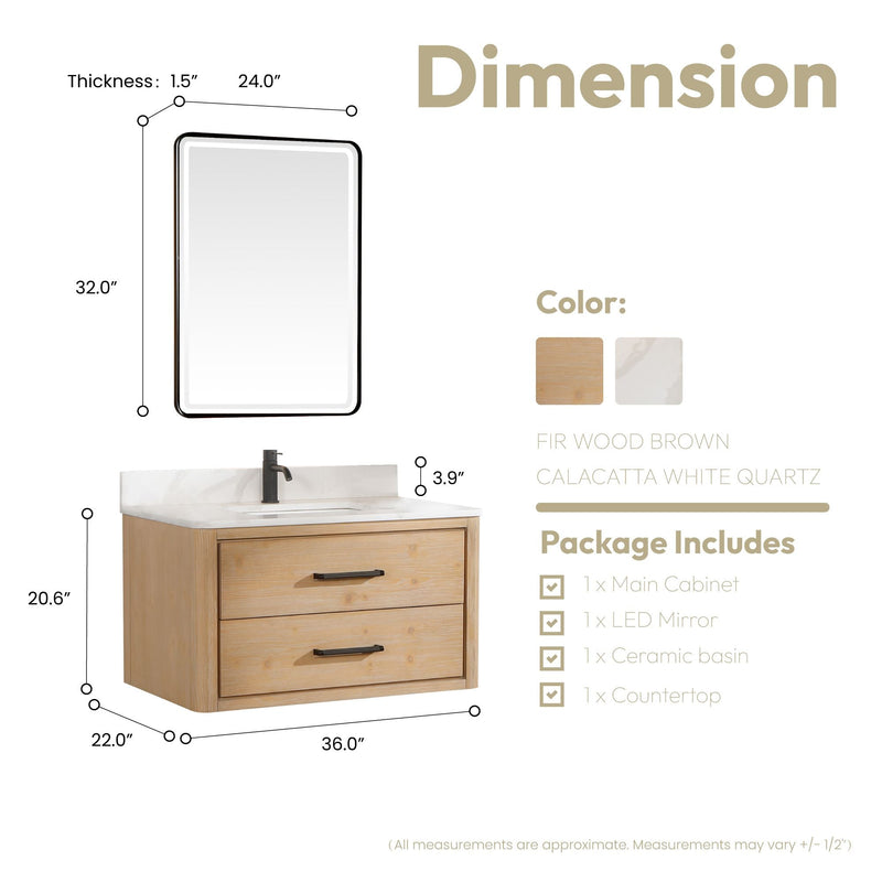 Vinnova 706636-FN-BK Cristo 36" Floating Single Bath Vanity in Fir Wood Brown with Fish Maw White Quartz Stone Top