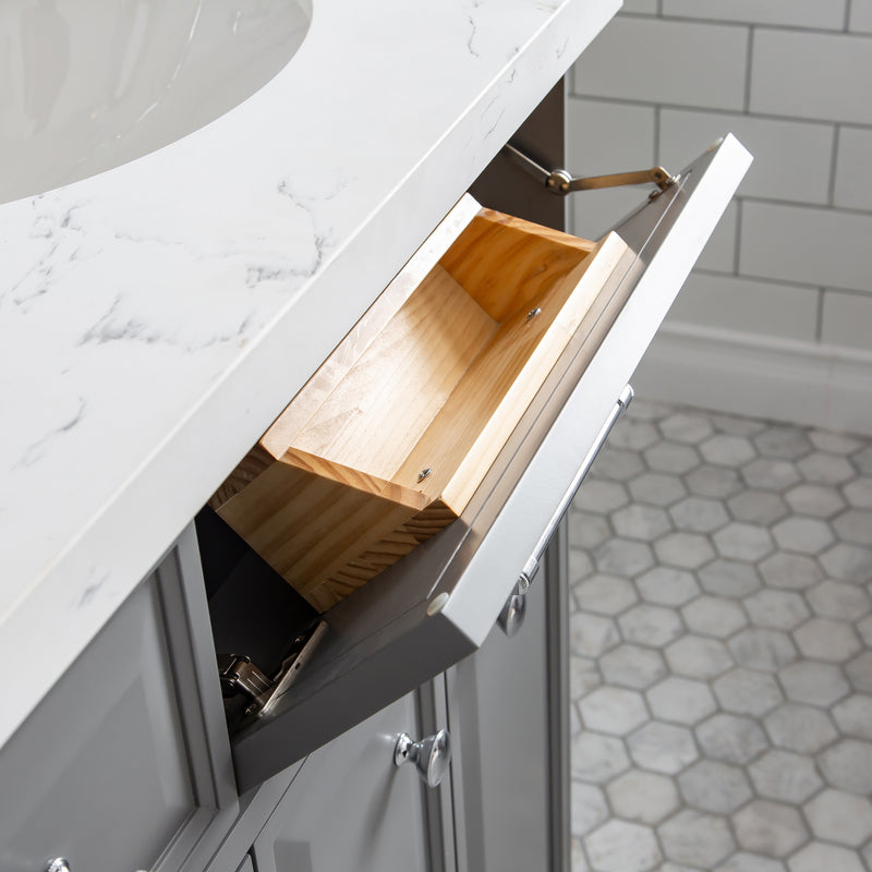 Water Creation PA60QZ01 - Palace 60 In. Double Sink Pre-Assembled Contemporary Style Bathroom Vanity With 1-9/16" Carrara White Engineered Marble Top And Chrome Hardware