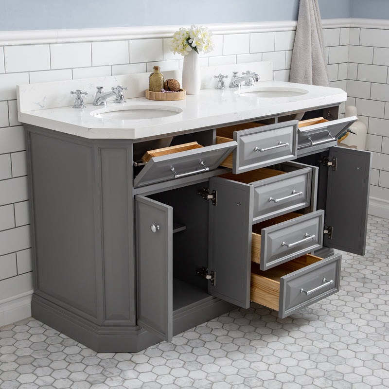 Water Creation PA60QZ01 - Palace 60 In. Double Sink Pre-Assembled Contemporary Style Bathroom Vanity With 1-9/16" Carrara White Engineered Marble Top And Chrome Hardware