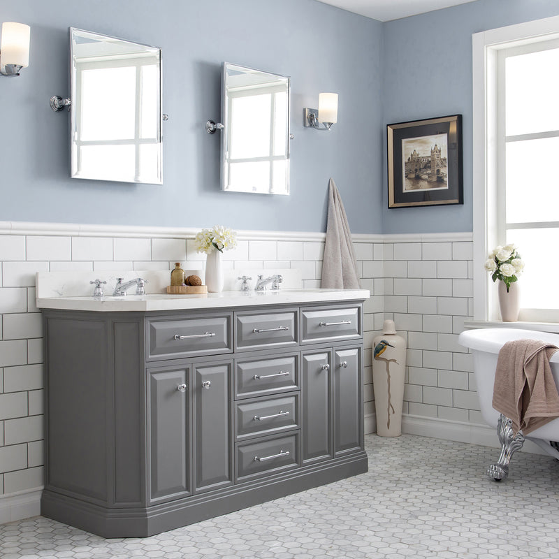 Water Creation PA60QZ01 - Palace 60 In. Double Sink Pre-Assembled Contemporary Style Bathroom Vanity With 1-9/16" Carrara White Engineered Marble Top And Chrome Hardware