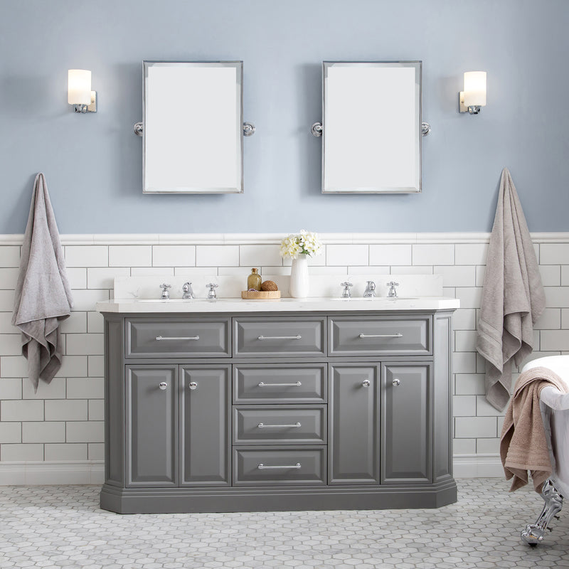 Water Creation PA60QZ01 - Palace 60 In. Double Sink Pre-Assembled Contemporary Style Bathroom Vanity With 1-9/16" Carrara White Engineered Marble Top And Chrome Hardware