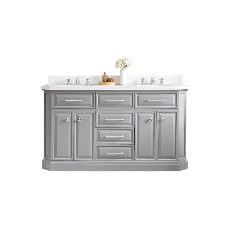 Water Creation PA60QZ01 - Palace 60 In. Double Sink Pre-Assembled Contemporary Style Bathroom Vanity With 1-9/16" Carrara White Engineered Marble Top And Chrome Hardware