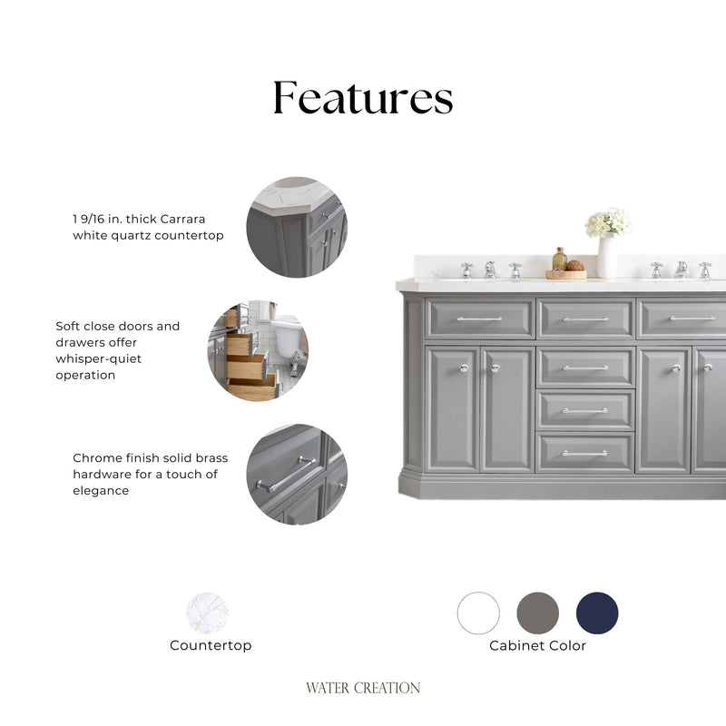 Water Creation PA60QZ01 - Palace 60 In. Double Sink Pre-Assembled Contemporary Style Bathroom Vanity With 1-9/16" Carrara White Engineered Marble Top And Chrome Hardware