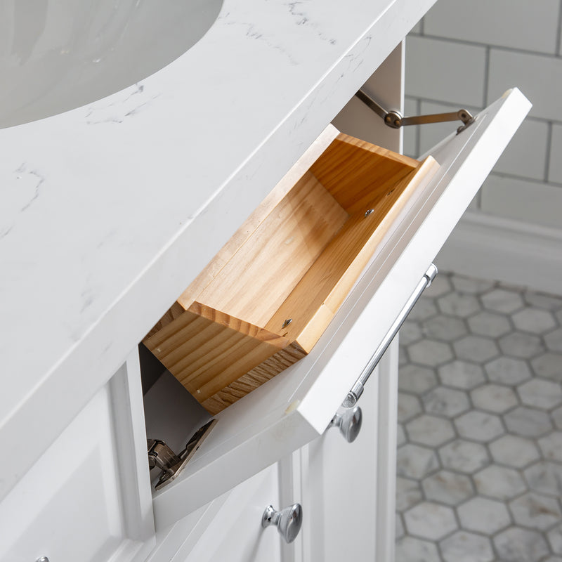 Water Creation PA60QZ01 - Palace 60 In. Double Sink Pre-Assembled Contemporary Style Bathroom Vanity With 1-9/16" Carrara White Engineered Marble Top And Chrome Hardware