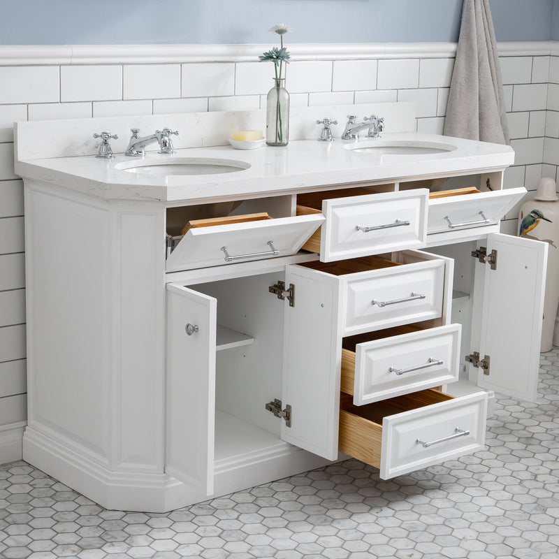 Water Creation PA60QZ01 - Palace 60 In. Double Sink Pre-Assembled Contemporary Style Bathroom Vanity With 1-9/16" Carrara White Engineered Marble Top And Chrome Hardware
