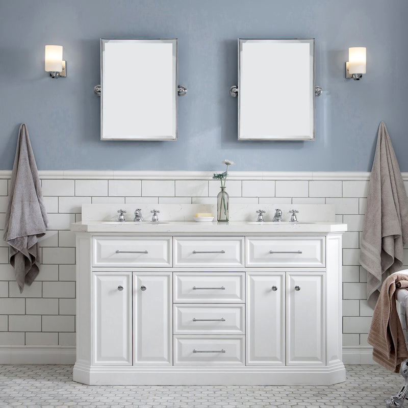 Water Creation PA60QZ01 - Palace 60 In. Double Sink Pre-Assembled Contemporary Style Bathroom Vanity With 1-9/16" Carrara White Engineered Marble Top And Chrome Hardware