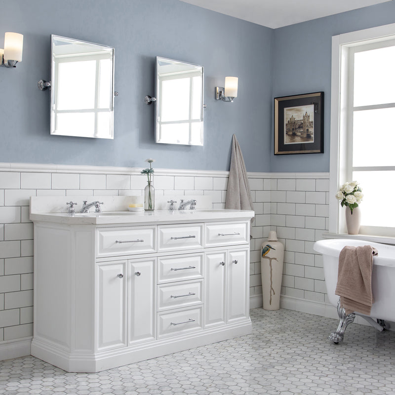 Water Creation PA60QZ01 - Palace 60 In. Double Sink Pre-Assembled Contemporary Style Bathroom Vanity With 1-9/16" Carrara White Engineered Marble Top And Chrome Hardware