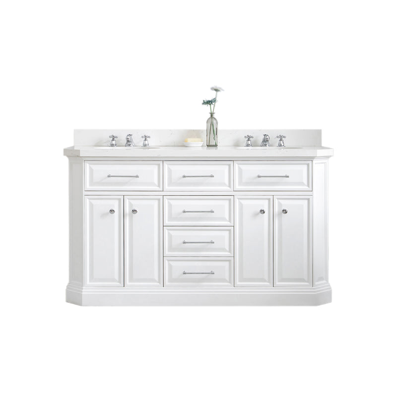Water Creation PA60QZ01 - Palace 60 In. Double Sink Pre-Assembled Contemporary Style Bathroom Vanity With 1-9/16" Carrara White Engineered Marble Top And Chrome Hardware