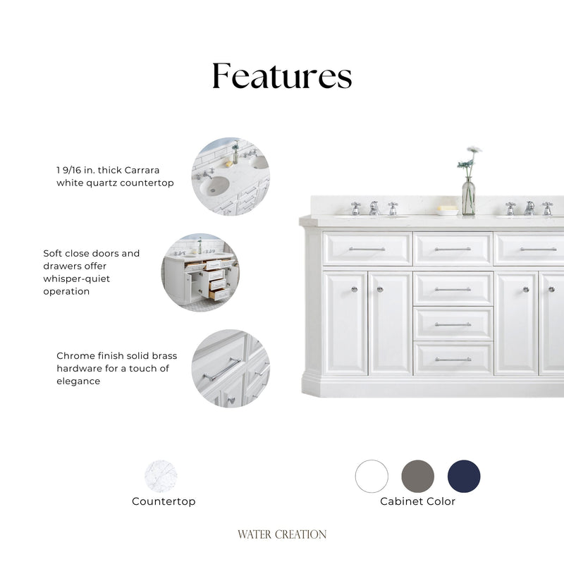 Water Creation PA60QZ01 - Palace 60 In. Double Sink Pre-Assembled Contemporary Style Bathroom Vanity With 1-9/16" Carrara White Engineered Marble Top And Chrome Hardware