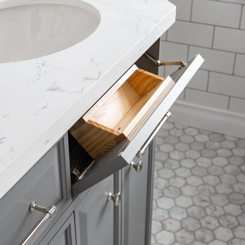 Water Creation PA60QZ05 - Palace 60 In. Double Sink Pre-Assembled Contemporary Style Bathroom Vanity With 1-9/16" Carrara White Engineered Marble Top And Polished Nickel Hardware