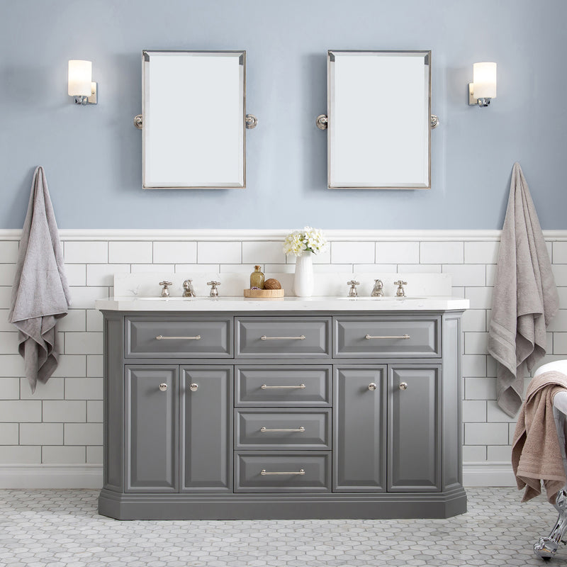 Water Creation PA60QZ05 - Palace 60 In. Double Sink Pre-Assembled Contemporary Style Bathroom Vanity With 1-9/16" Carrara White Engineered Marble Top And Polished Nickel Hardware