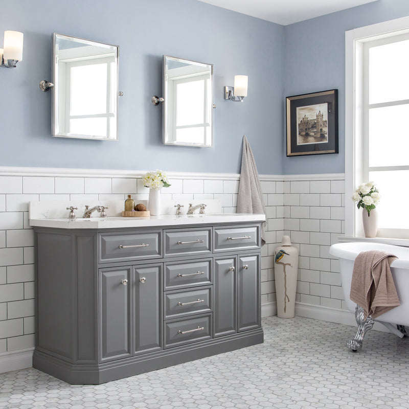 Water Creation PA60QZ05 - Palace 60 In. Double Sink Pre-Assembled Contemporary Style Bathroom Vanity With 1-9/16" Carrara White Engineered Marble Top And Polished Nickel Hardware