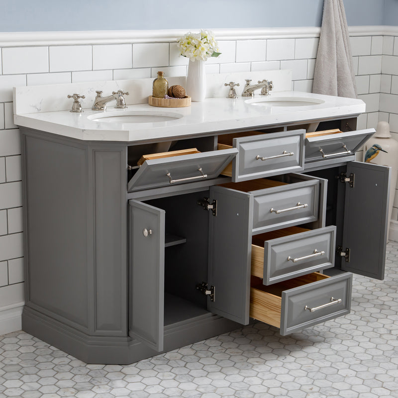 Water Creation PA60QZ05 - Palace 60 In. Double Sink Pre-Assembled Contemporary Style Bathroom Vanity With 1-9/16" Carrara White Engineered Marble Top And Polished Nickel Hardware