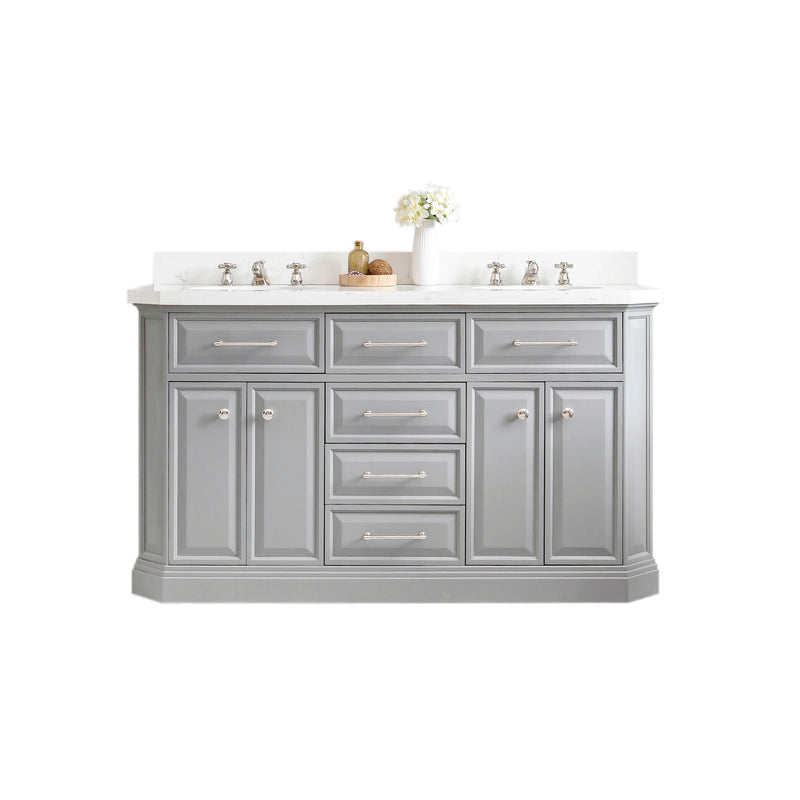 Water Creation PA60QZ05 - Palace 60 In. Double Sink Pre-Assembled Contemporary Style Bathroom Vanity With 1-9/16" Carrara White Engineered Marble Top And Polished Nickel Hardware