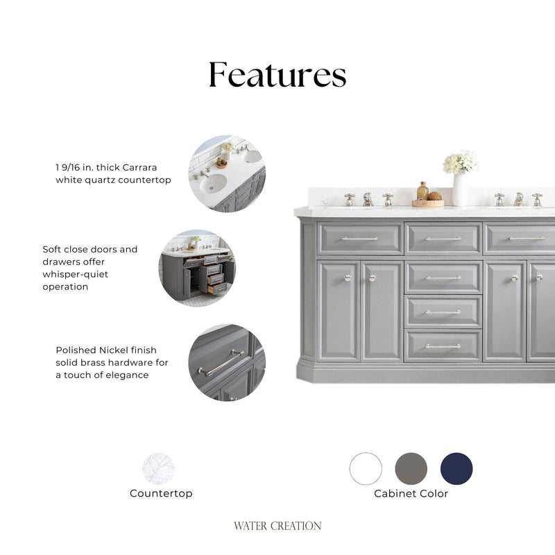 Water Creation PA60QZ05 - Palace 60 In. Double Sink Pre-Assembled Contemporary Style Bathroom Vanity With 1-9/16" Carrara White Engineered Marble Top And Polished Nickel Hardware