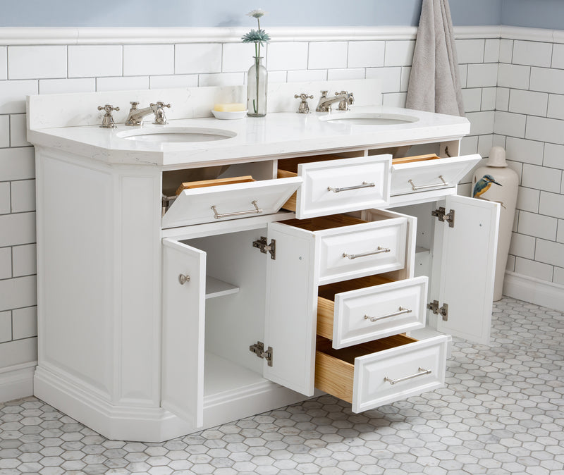 Water Creation PA60QZ05 - Palace 60 In. Double Sink Pre-Assembled Contemporary Style Bathroom Vanity With 1-9/16" Carrara White Engineered Marble Top And Polished Nickel Hardware