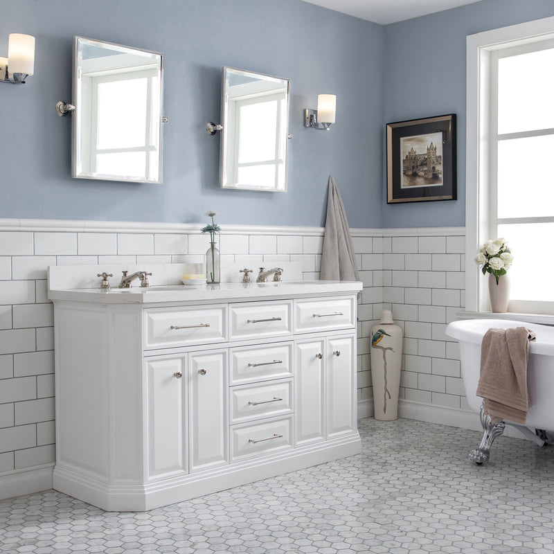 Water Creation PA60QZ05 - Palace 60 In. Double Sink Pre-Assembled Contemporary Style Bathroom Vanity With 1-9/16" Carrara White Engineered Marble Top And Polished Nickel Hardware