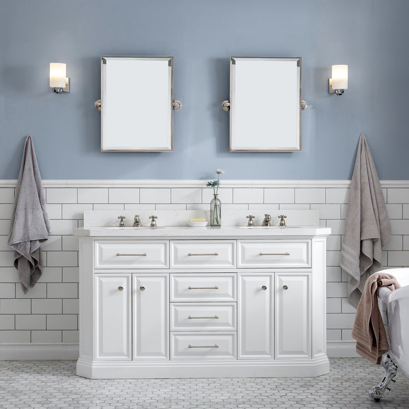 Water Creation PA60QZ05 - Palace 60 In. Double Sink Pre-Assembled Contemporary Style Bathroom Vanity With 1-9/16" Carrara White Engineered Marble Top And Polished Nickel Hardware