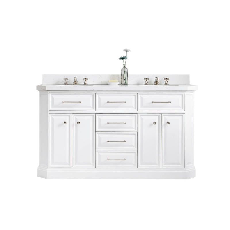 Water Creation PA60QZ05 - Palace 60 In. Double Sink Pre-Assembled Contemporary Style Bathroom Vanity With 1-9/16" Carrara White Engineered Marble Top And Polished Nickel Hardware