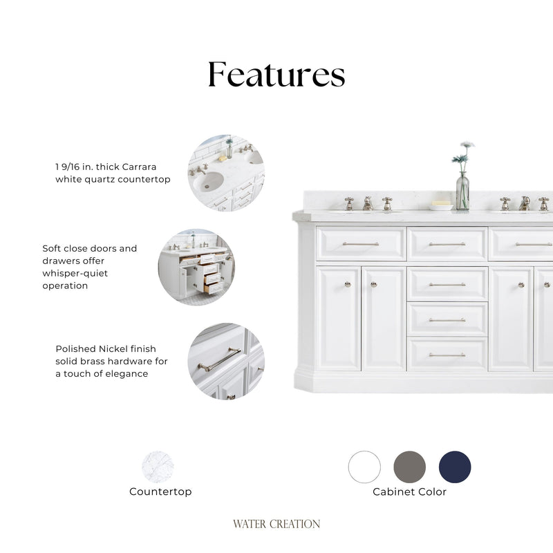 Water Creation PA60QZ05 - Palace 60 In. Double Sink Pre-Assembled Contemporary Style Bathroom Vanity With 1-9/16" Carrara White Engineered Marble Top And Polished Nickel Hardware