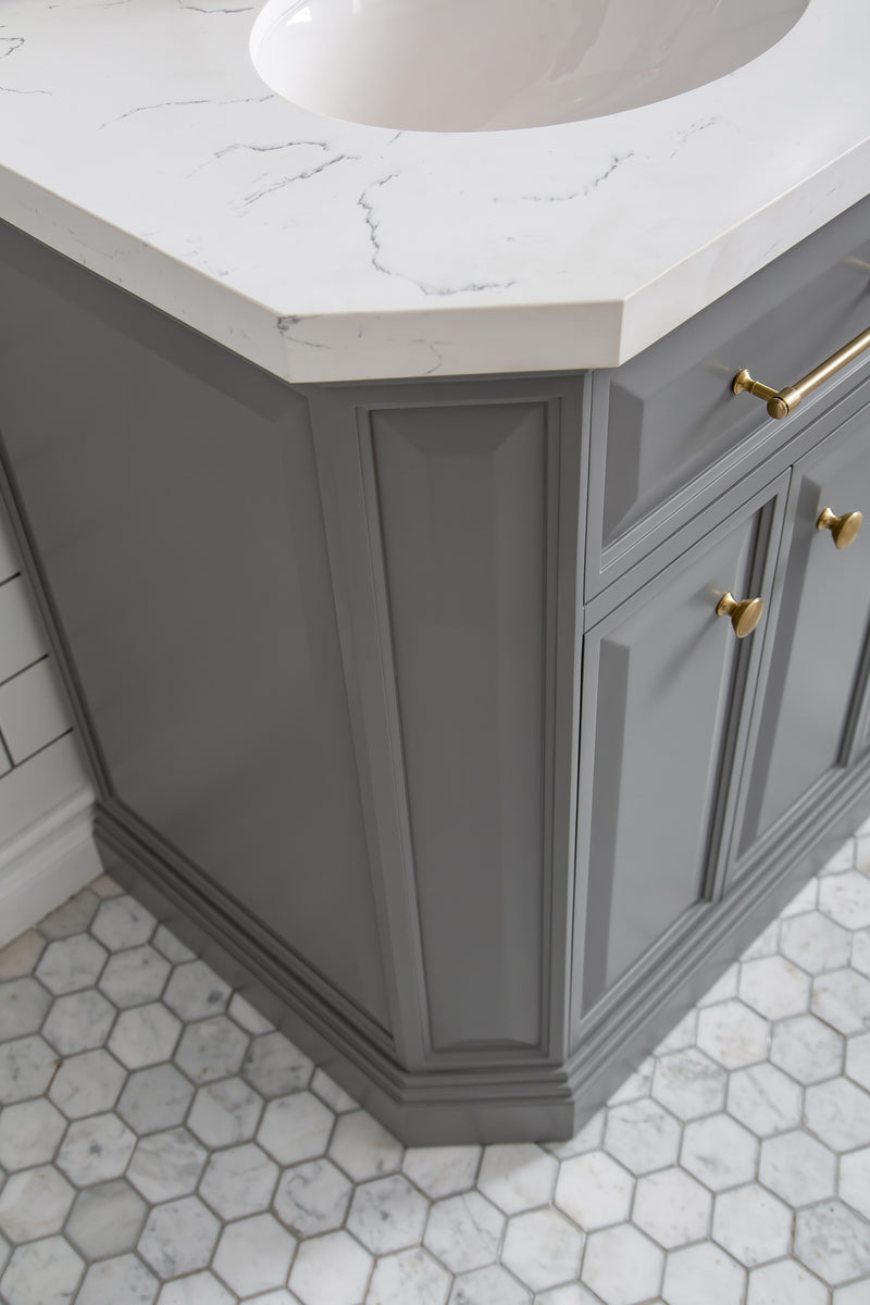 Water Creation PA60QZ06 - Palace 60 In. Double Sink Pre-Assembled Contemporary Style Bathroom Vanity With 1-9/16" Carrara White Engineered Marble Top And Satin Gold Hardware
