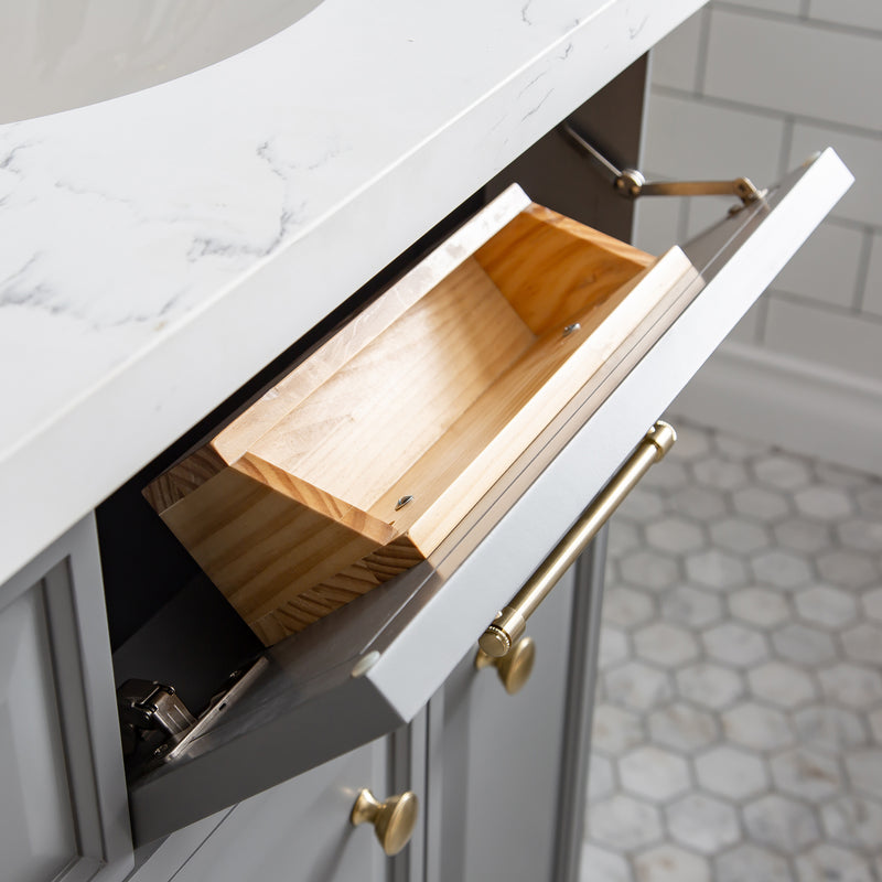 Water Creation PA60QZ06 - Palace 60 In. Double Sink Pre-Assembled Contemporary Style Bathroom Vanity With 1-9/16" Carrara White Engineered Marble Top And Satin Gold Hardware