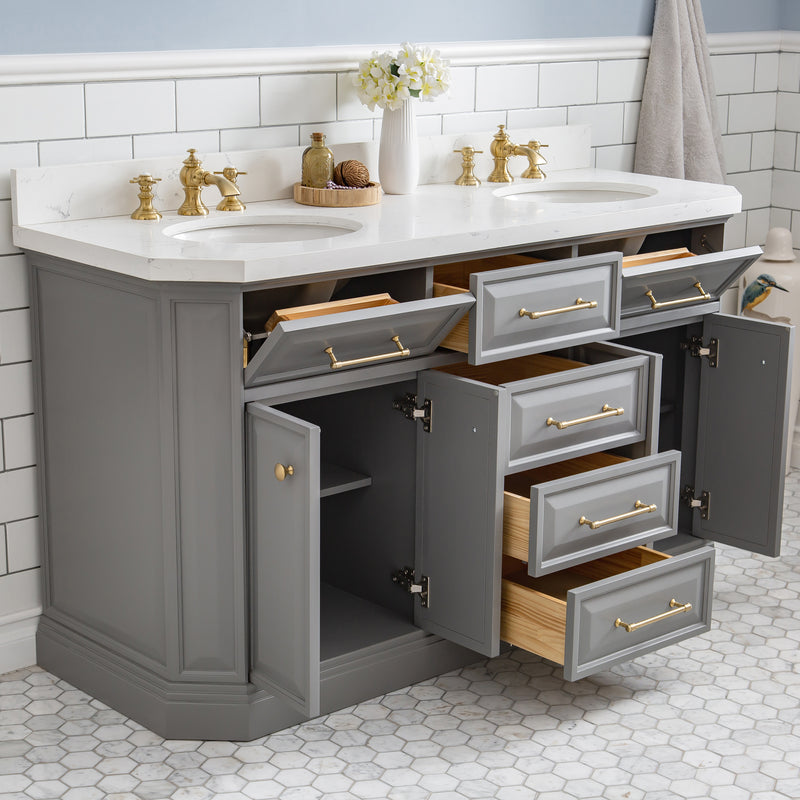 Water Creation PA60QZ06 - Palace 60 In. Double Sink Pre-Assembled Contemporary Style Bathroom Vanity With 1-9/16" Carrara White Engineered Marble Top And Satin Gold Hardware
