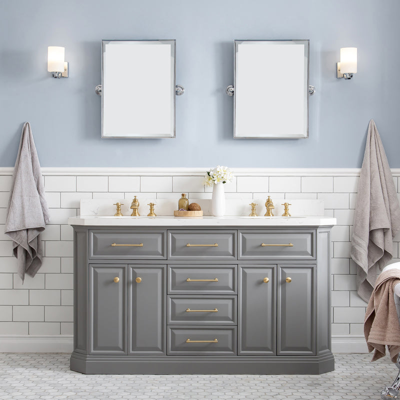 Water Creation PA60QZ06 - Palace 60 In. Double Sink Pre-Assembled Contemporary Style Bathroom Vanity With 1-9/16" Carrara White Engineered Marble Top And Satin Gold Hardware