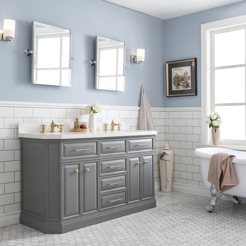 Water Creation PA60QZ06 - Palace 60 In. Double Sink Pre-Assembled Contemporary Style Bathroom Vanity With 1-9/16" Carrara White Engineered Marble Top And Satin Gold Hardware