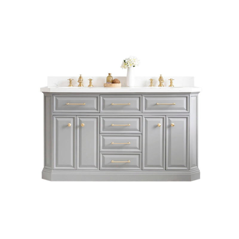 Water Creation PA60QZ06 - Palace 60 In. Double Sink Pre-Assembled Contemporary Style Bathroom Vanity With 1-9/16" Carrara White Engineered Marble Top And Satin Gold Hardware