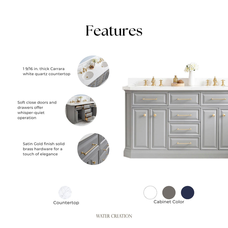 Water Creation PA60QZ06 - Palace 60 In. Double Sink Pre-Assembled Contemporary Style Bathroom Vanity With 1-9/16" Carrara White Engineered Marble Top And Satin Gold Hardware