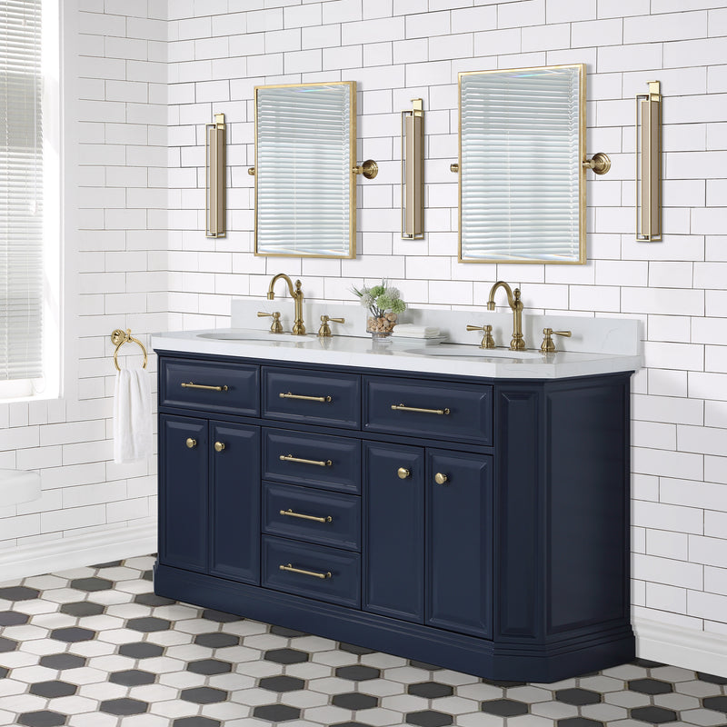 Water Creation PA60QZ06 - Palace 60 In. Double Sink Pre-Assembled Contemporary Style Bathroom Vanity With 1-9/16" Carrara White Engineered Marble Top And Satin Gold Hardware